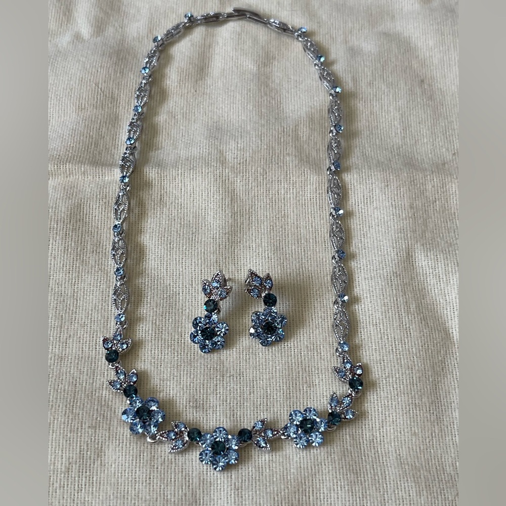 Vintage Australian Crystal Blue Floral Necklace & Earring Set